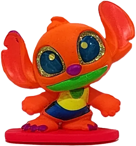 Figura Surfer Stitch naranja sobre tabla de surf roja, rareza Ultra Rare de Disney Doorables Stitch Blacklight