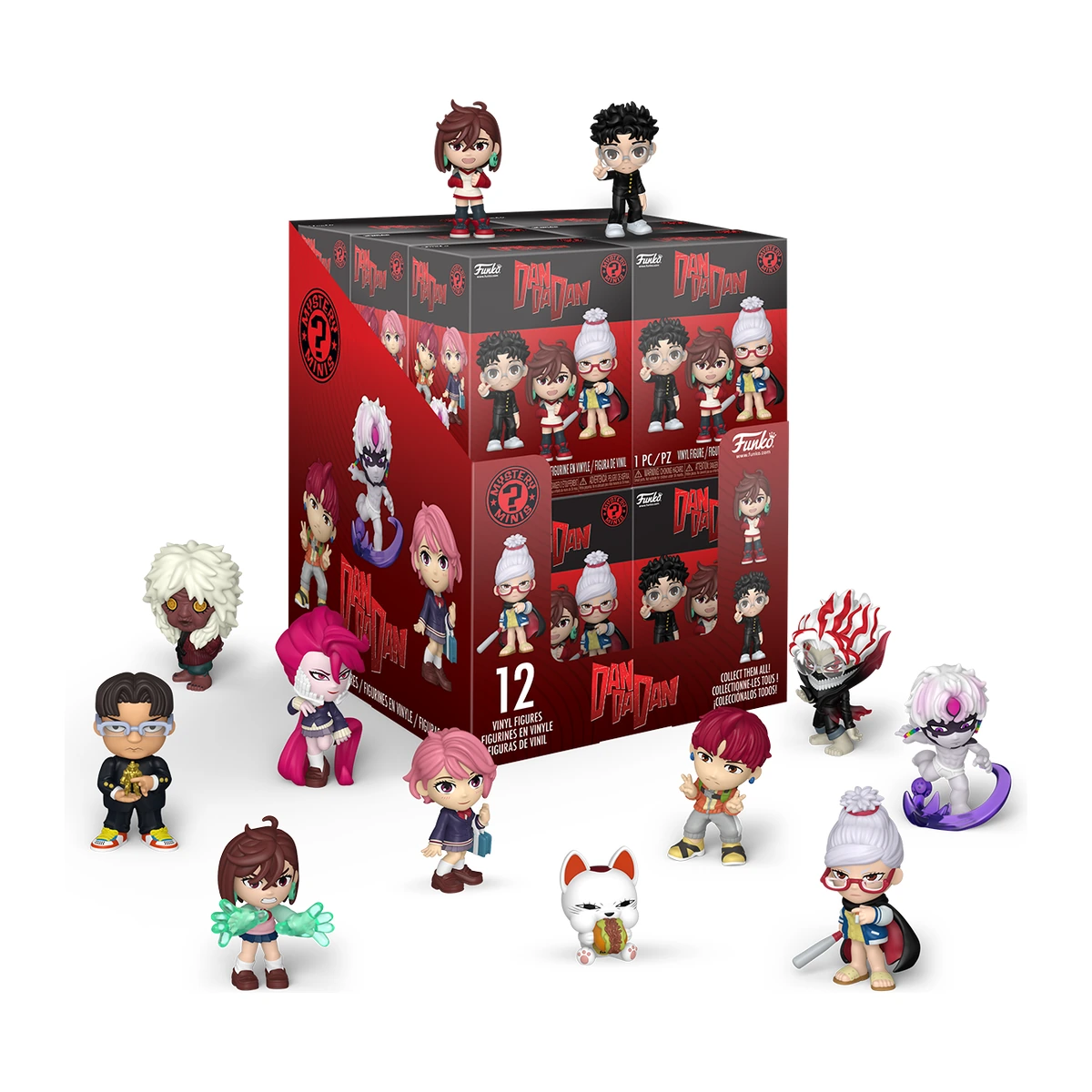 Las doce figuras de Dandadan Mystery Minis de Funko alrededor de su caja ciega