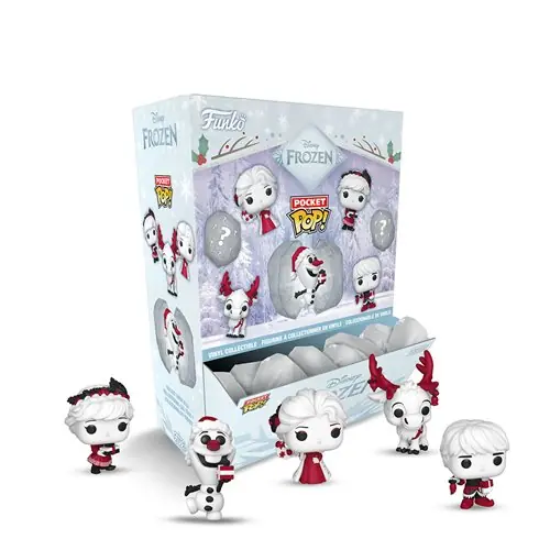 Display de 12 capsulas de Funko Frozen Snowballs con los cinco personajes ilustrados