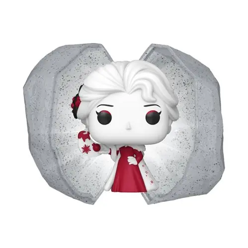 Pocket Pop de Elsa con vestido rojo y adornos florales dentro de la capsula bola de nieve abierta