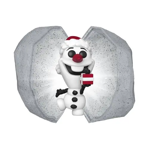 Pocket Pop de Olaf con gorro de Papa Noel y regalo a rayas dentro de la capsula bola de nieve abierta