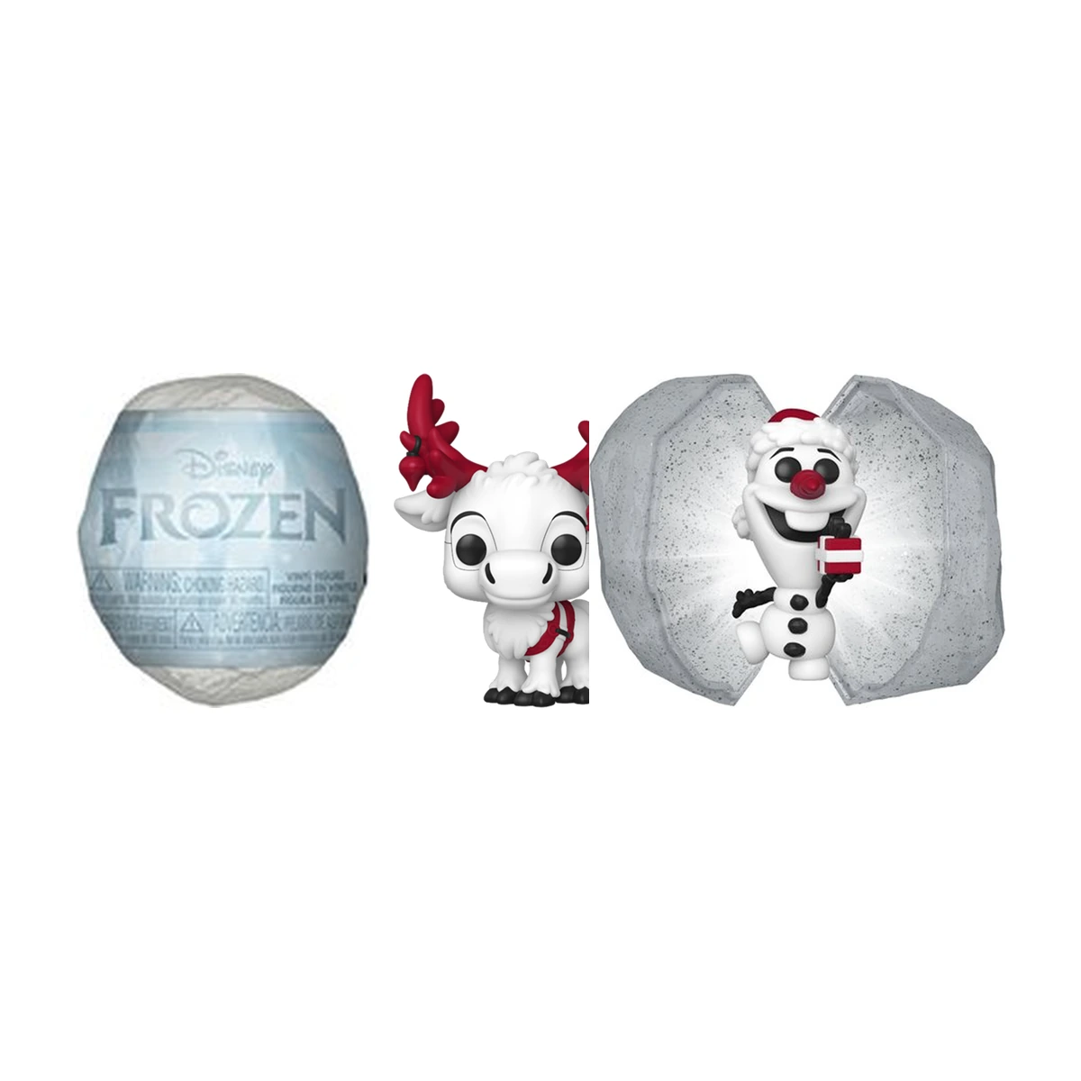 Funko Frozen Snowballs Pocket Pop: capsula bola de nieve cerrada junto a las figuras de Sven y Olaf con decoracion navideña nordica
