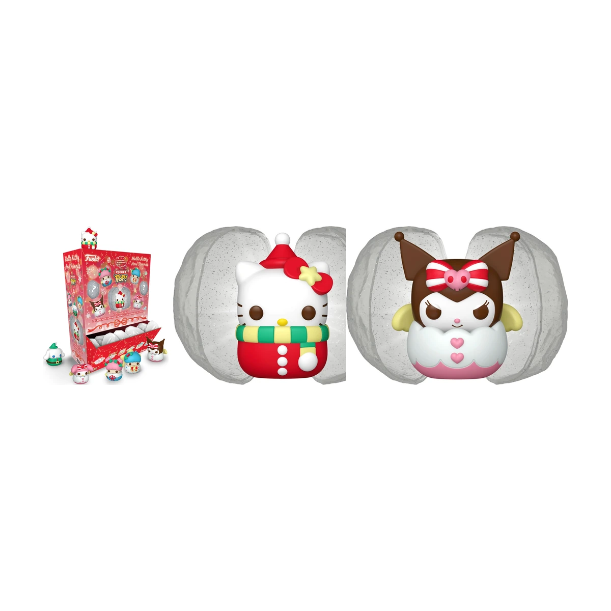 Funko Pocket Pop Snowballs de Hello Kitty and Friends: display de 12 cápsulas junto a las bolas de nieve de Hello Kitty y Kuromi