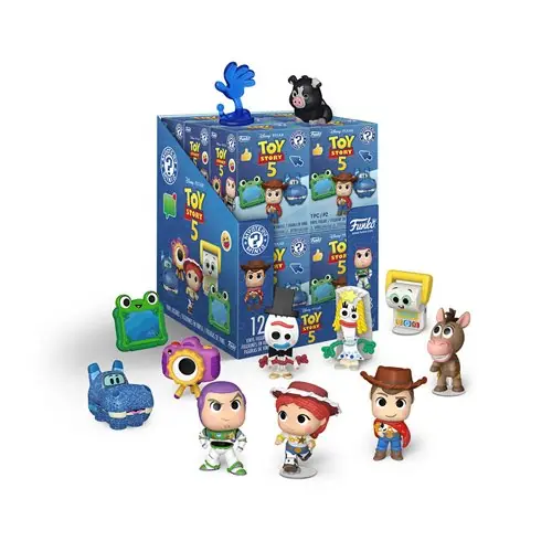 Display de 12 cajas ciegas de Toy Story 5 Mystery Minis con varias figuras delante