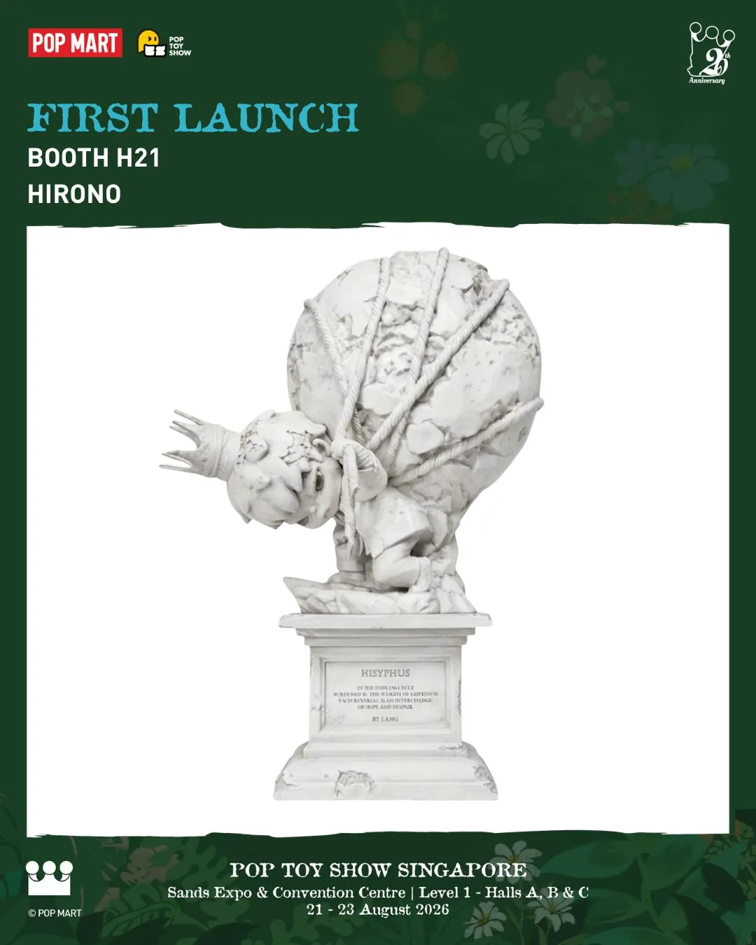 Cartel oficial de la HIRONO Hisyphus Sculpture, también First Launch en el stand H21 de PTS Singapore 2026