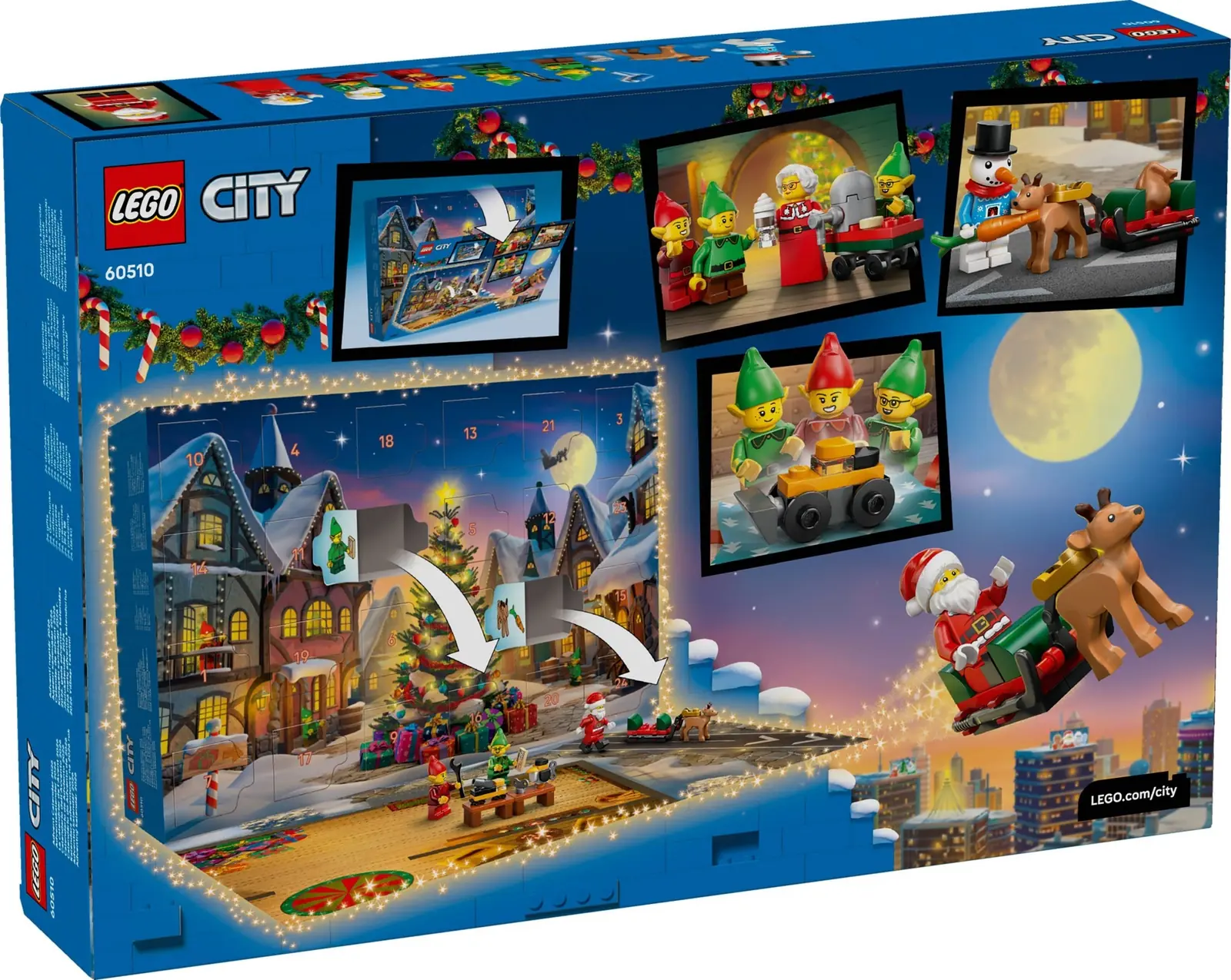 Parte trasera de la caja del LEGO 60510 con las 24 puertas numeradas y el tapete desplegable del taller de Santa