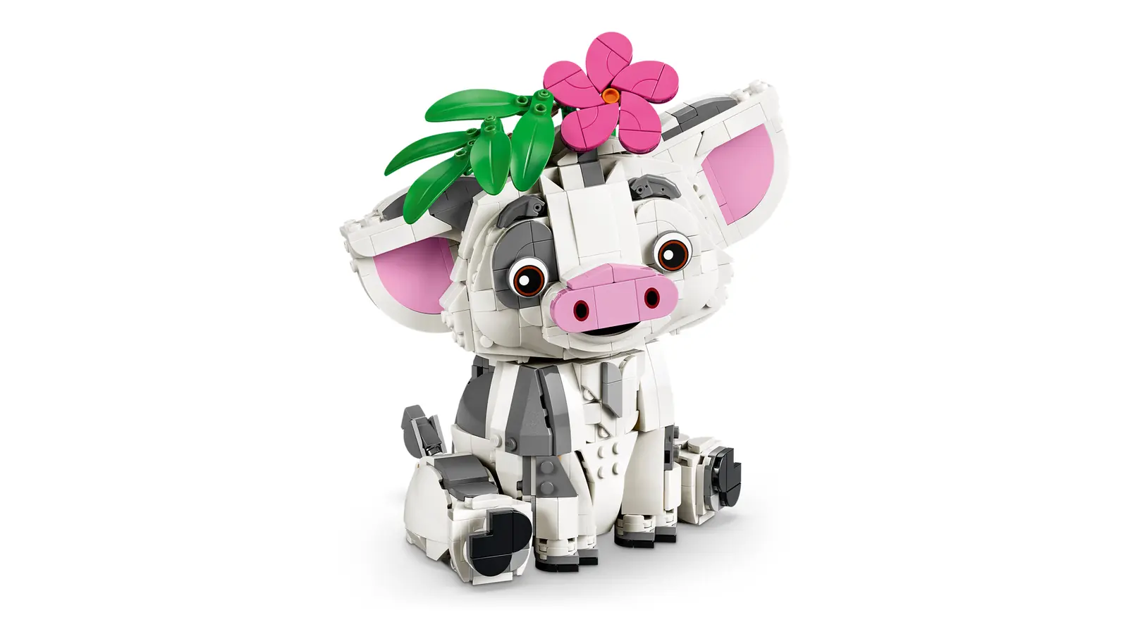 Figura LEGO de Pua del set 43292 con la rama de hojas y la flor rosa colocadas en la cabeza