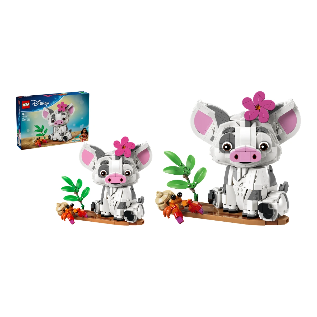 Set LEGO Disney Pua 43292: la caja frontal y la figura construible del cerdito de Vaiana con su flor rosa