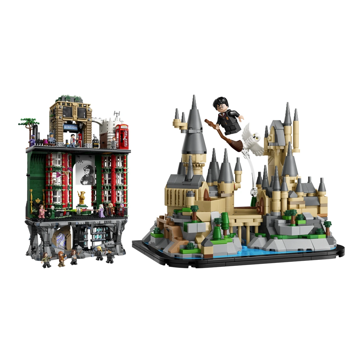Los sets LEGO Harry Potter Ministerio de Magia 76476 y Mini Castillo de Hogwarts 40975 con Harry y Hedwig volando