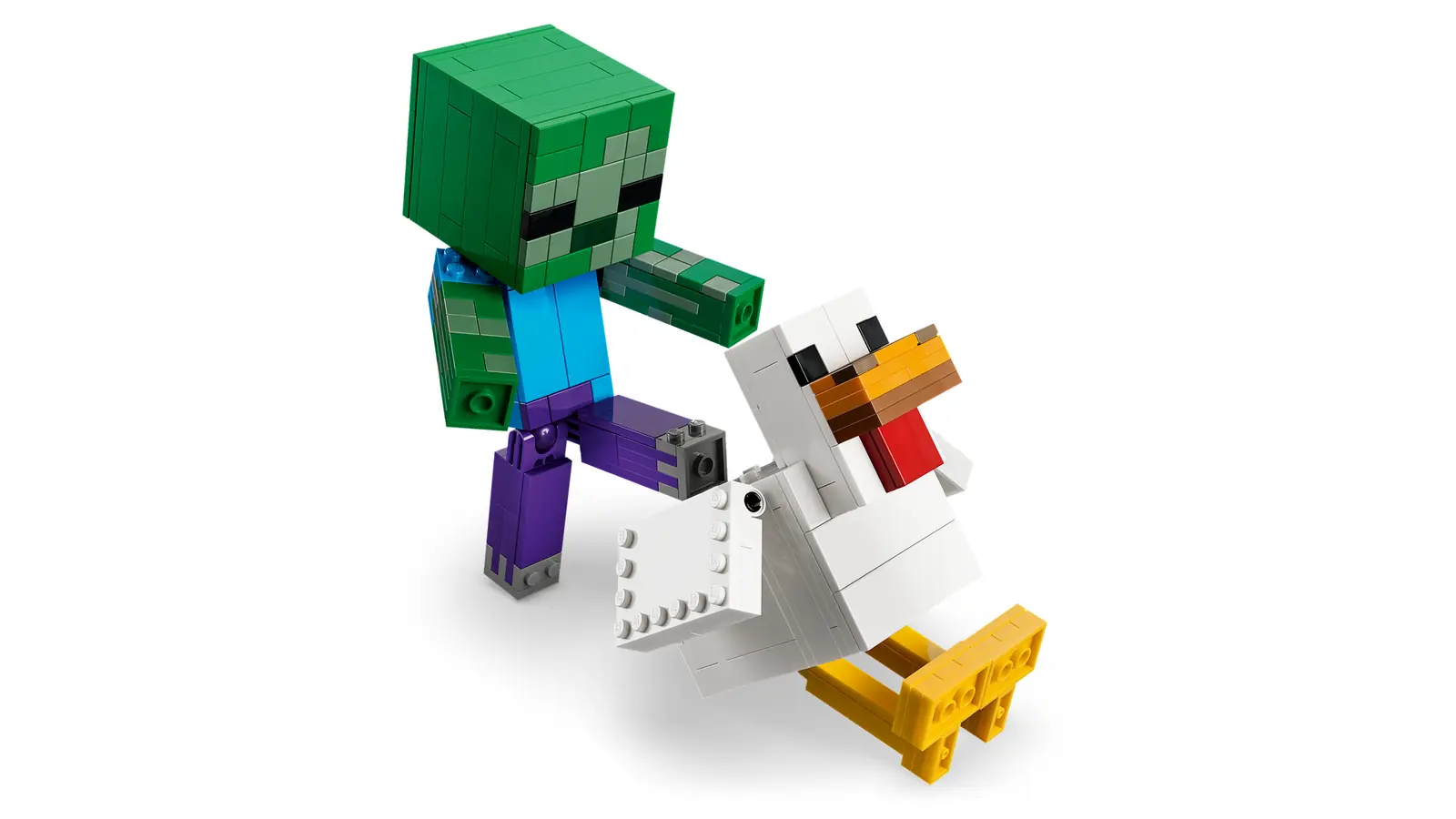 Zombi bebé del set LEGO Minecraft 21582 montándose en la gallina articulada en postura de carrera