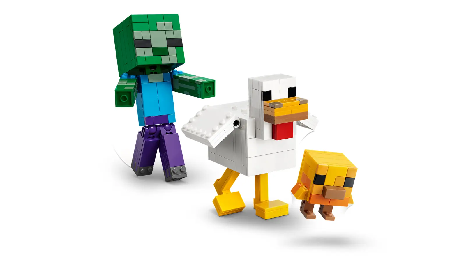 Las tres figuras del set LEGO Minecraft Jinete de Gallina 21582: zombi bebé, gallina y pollito.