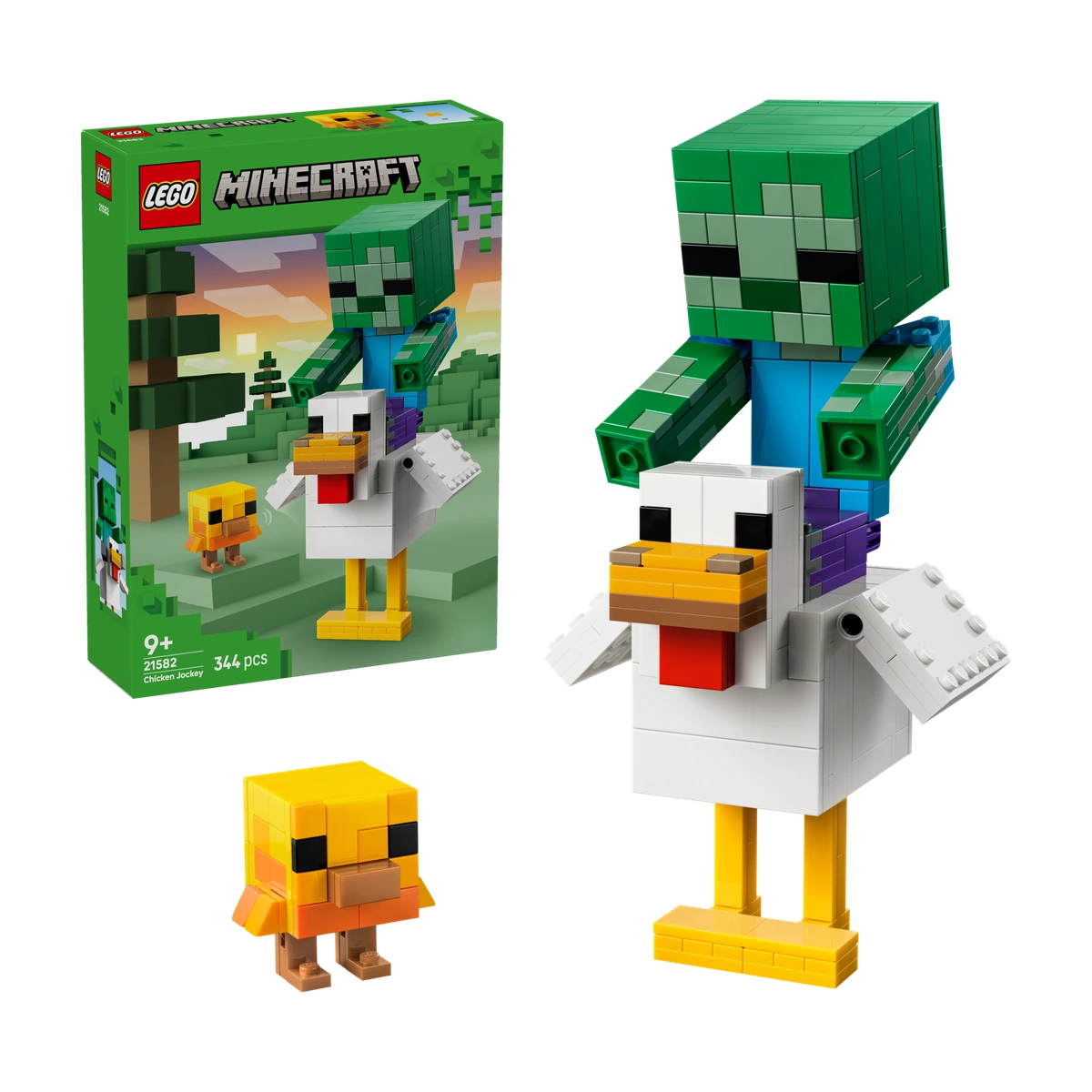 Set LEGO Minecraft Jinete de Gallina 21582: la caja frontal junto al Chicken Jockey montado y el pollito
