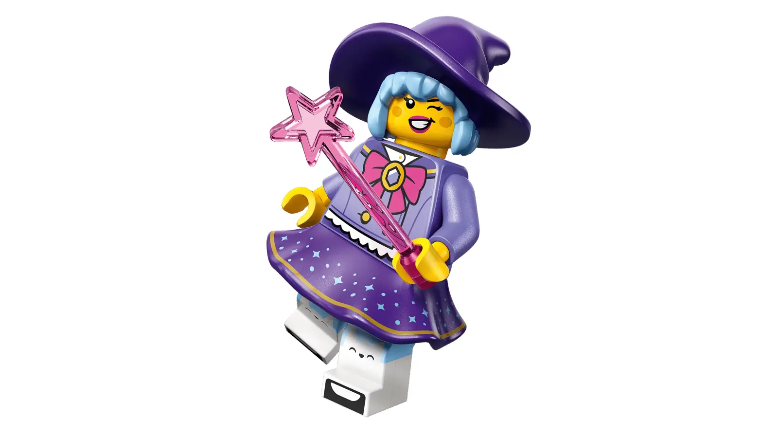 Render oficial de la Bruja Simpática de LEGO Minifigures Serie 29 con varita rosa y gato gris