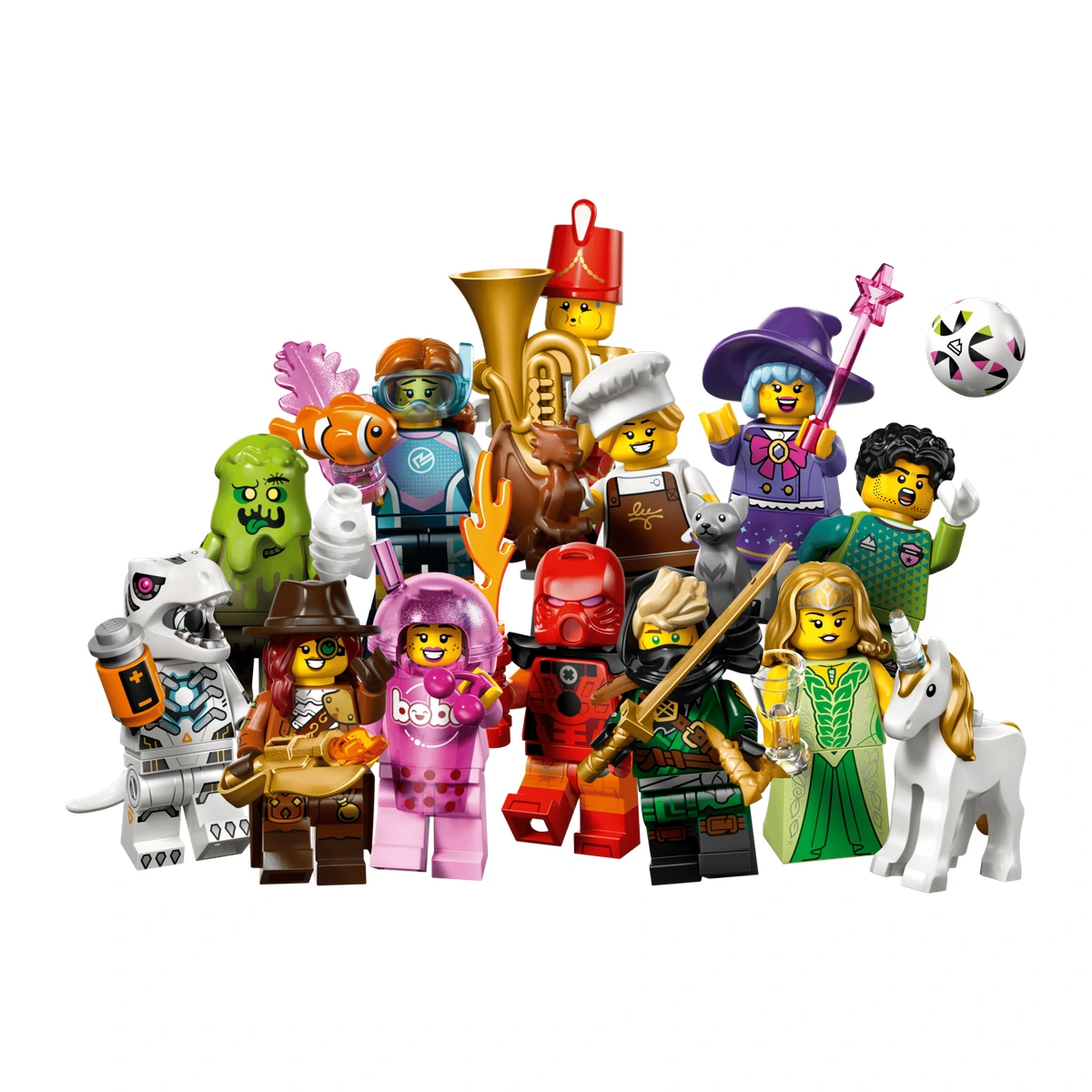 Las 12 minifiguras de LEGO Minifigures Serie 29 (71052) en grupo, con el Ronin Misterioso y el Cosplayer de BIONICLE
