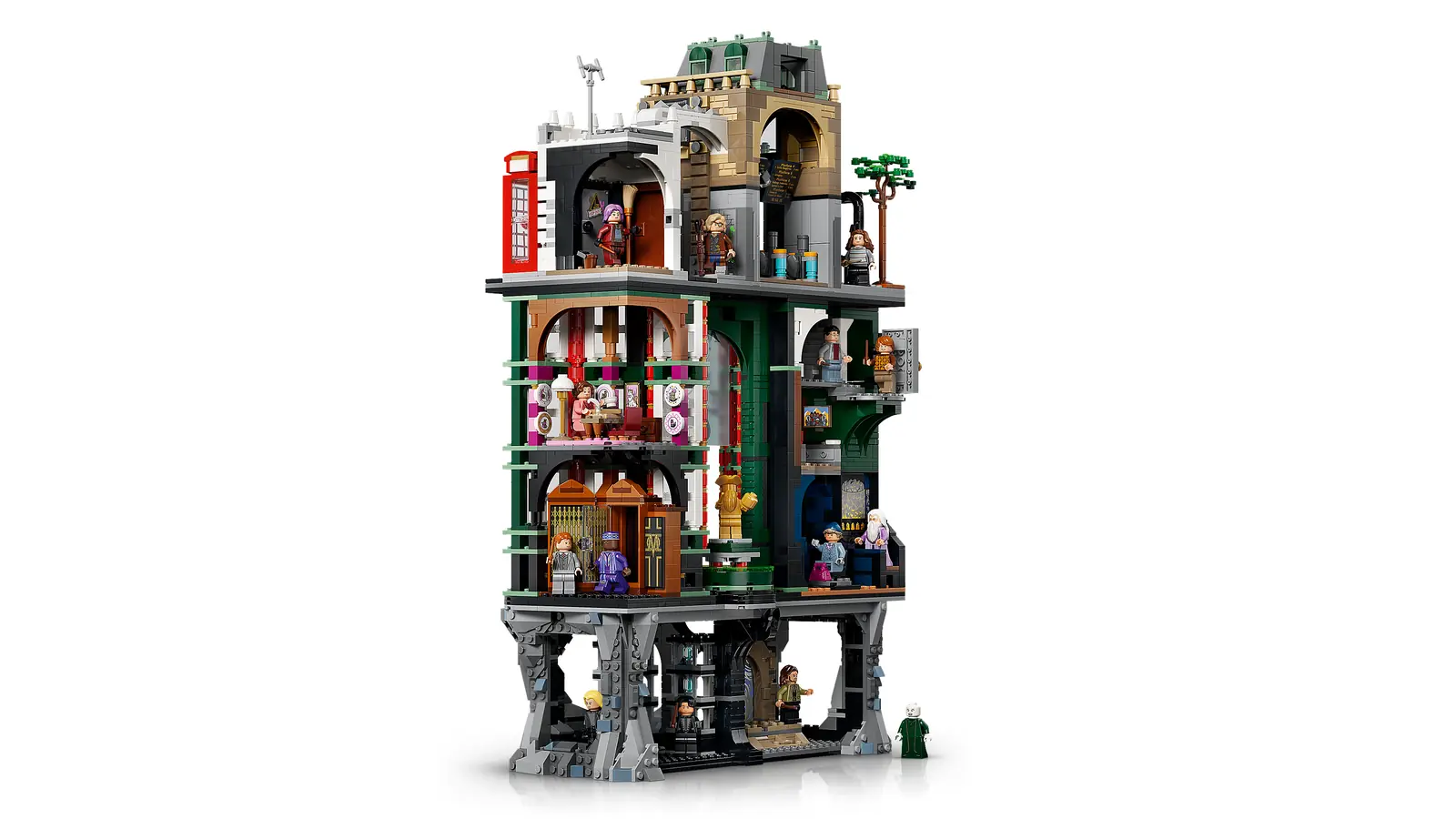 Vista posterior del LEGO Ministerio de Magia 76476 con el atrio, las oficinas y el Departamento de Misterios