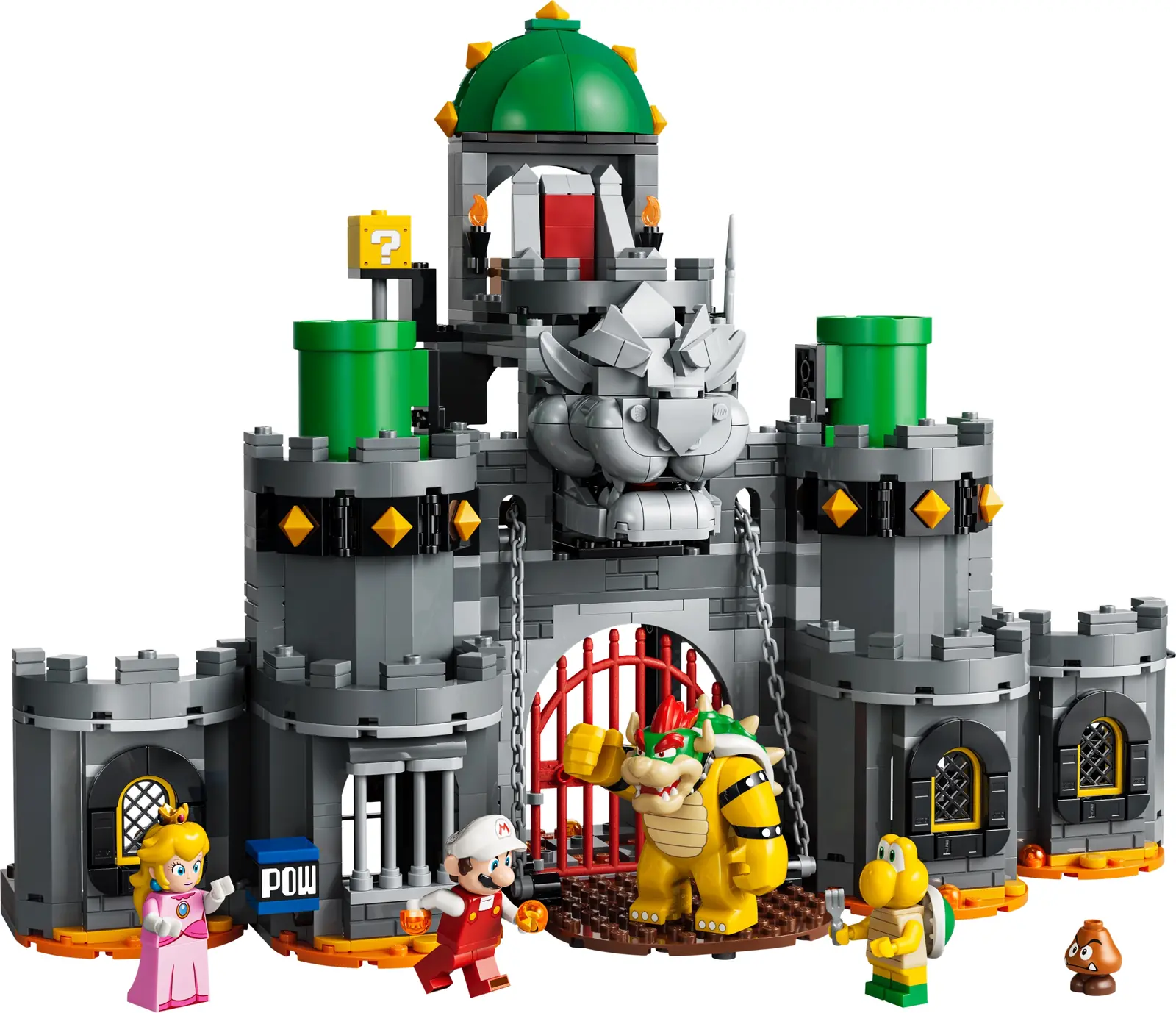 Los cinco personajes del set LEGO Super Mario 72060 sobre fondo blanco: Peach, Fire Mario, Bowser en figura grande, Koopa Troopa y Goomba delante del castillo