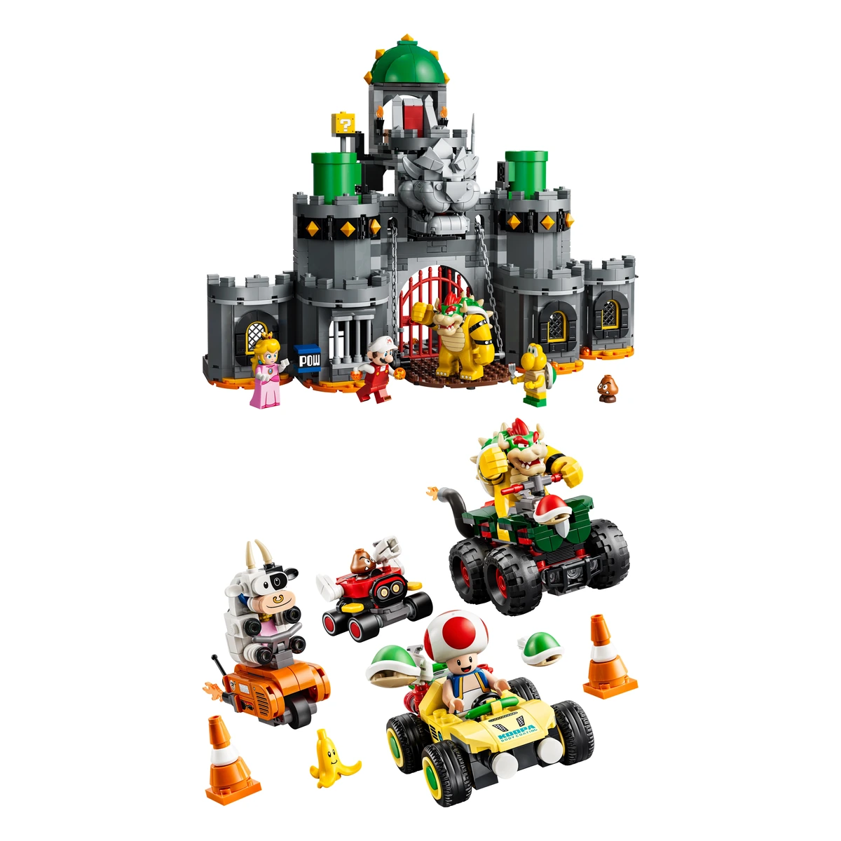 LEGO Super Mario minifiguras 2027: el castillo de Bowser 72060 con Peach, Fire Mario, Bowser, Koopa Troopa y Goomba, y los cuatro karts del set 72058