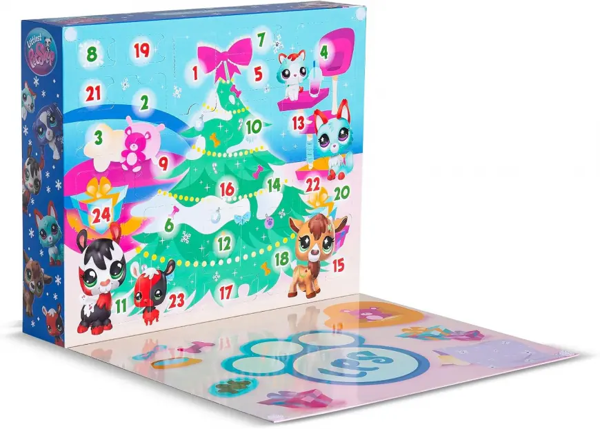 Calendario de Adviento Littlest Pet Shop 2026 abierto con sus 24 puertas numeradas y la solapa escenario