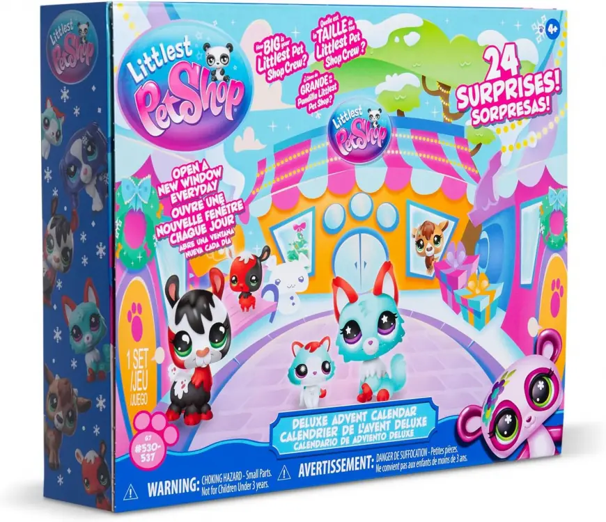 Frontal de la caja del calendario de Adviento Littlest Pet Shop World of LPS 2026 con el rótulo de 24 sorpresas
