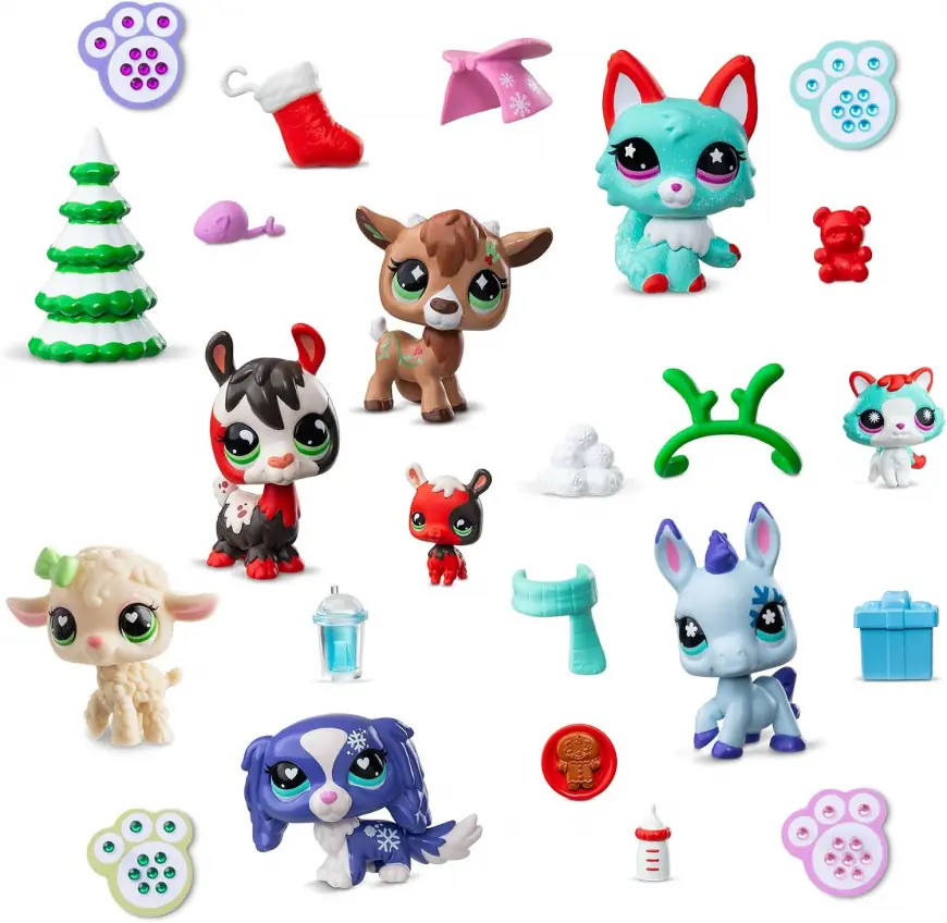 Las ocho mascotas del calendario de Adviento Littlest Pet Shop 2026 con los doce accesorios y las cuatro láminas de gemas