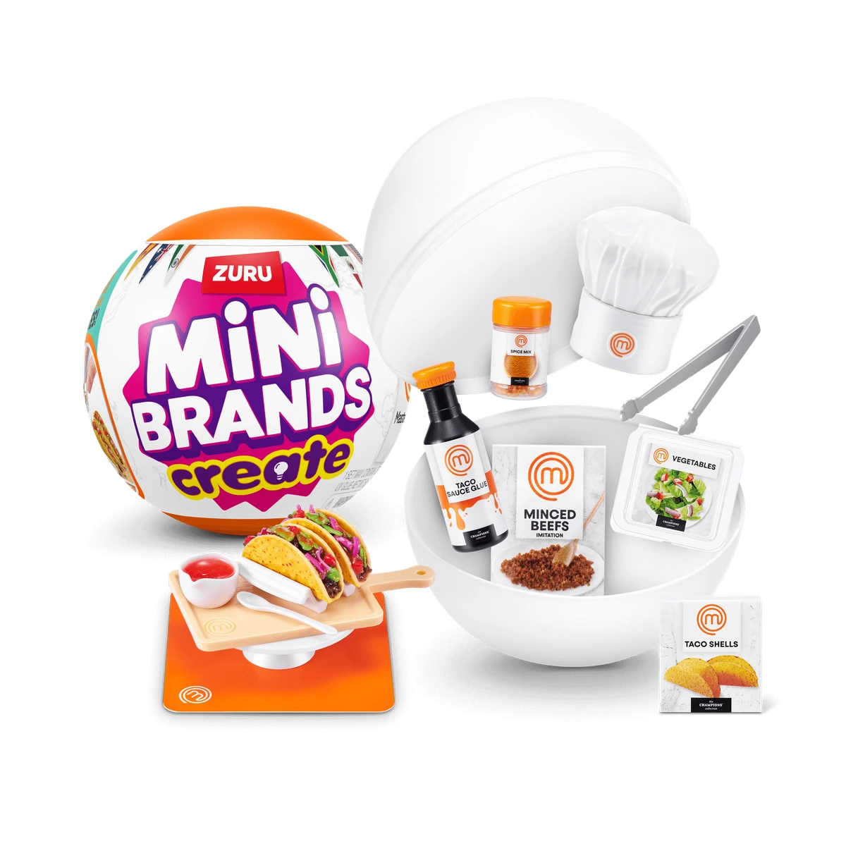 Mini Brands Create MasterChef Series 2: cápsula abierta con el kit de Beef Tacos, gorro de chef UV y accesorios