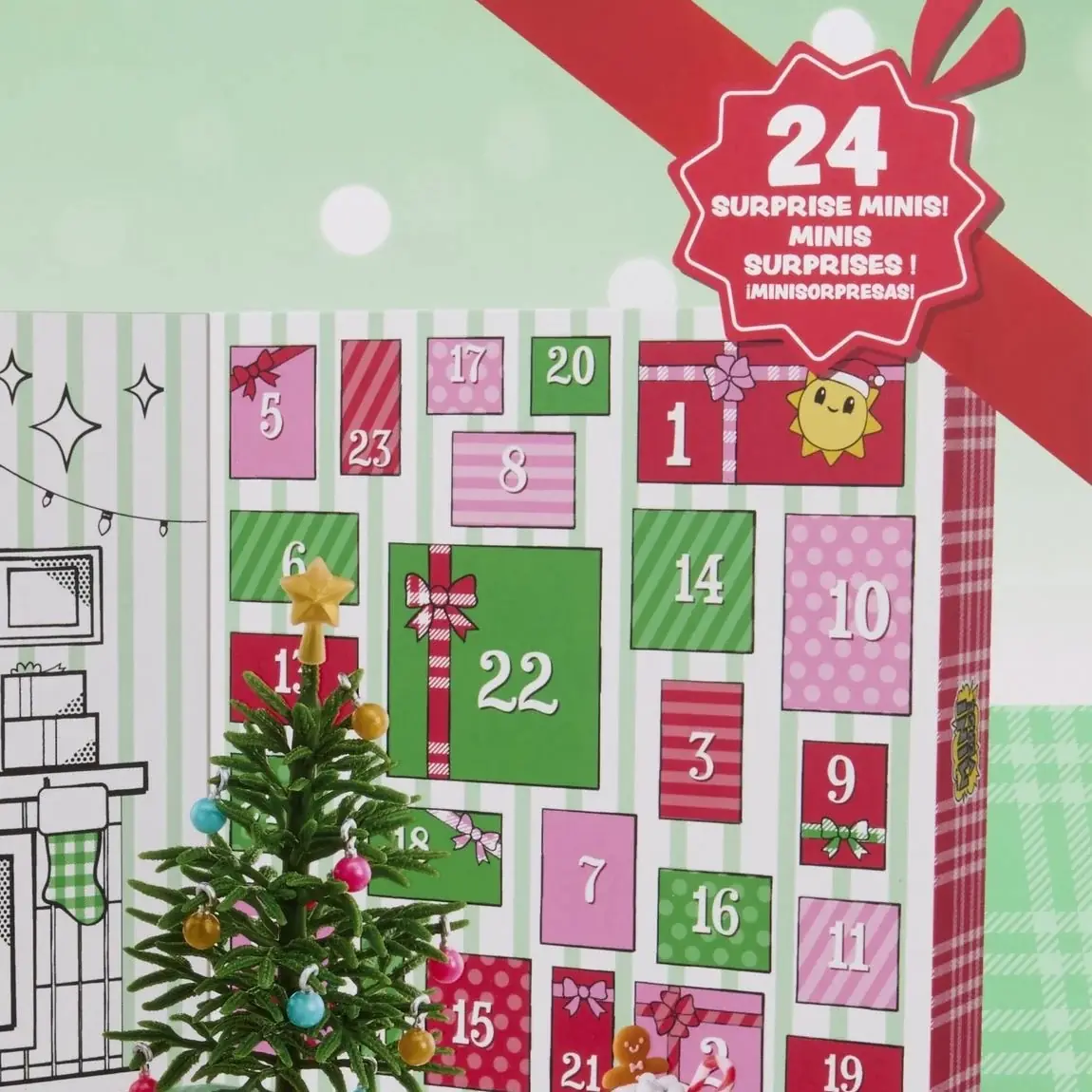 Detalle de las puertas numeradas del calendario de Adviento Miniverse con el sello de 24 Surprise Minis
