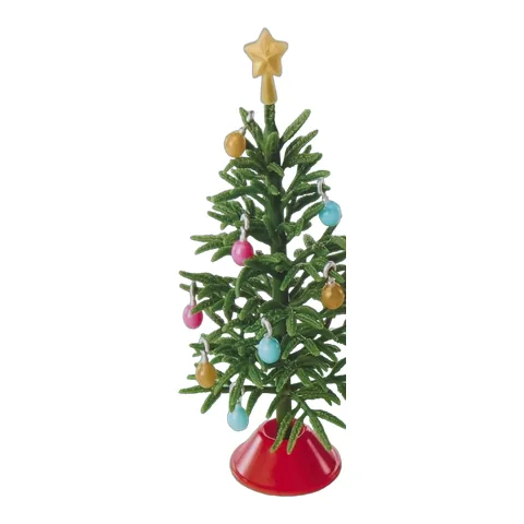 Holiday Tree del calendario de Adviento Miniverse: arbol verde con base roja, estrella dorada y bolas de colores