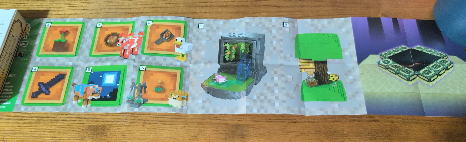 Franja completa del checklist de Miniverse Minecraft Series 2 con las ocho recetas numeradas y el End Portal al final
