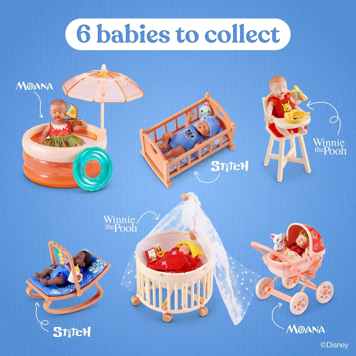Lámina oficial 6 babies to collect de My Mini Baby Disney con los seis sets señalados por licencia