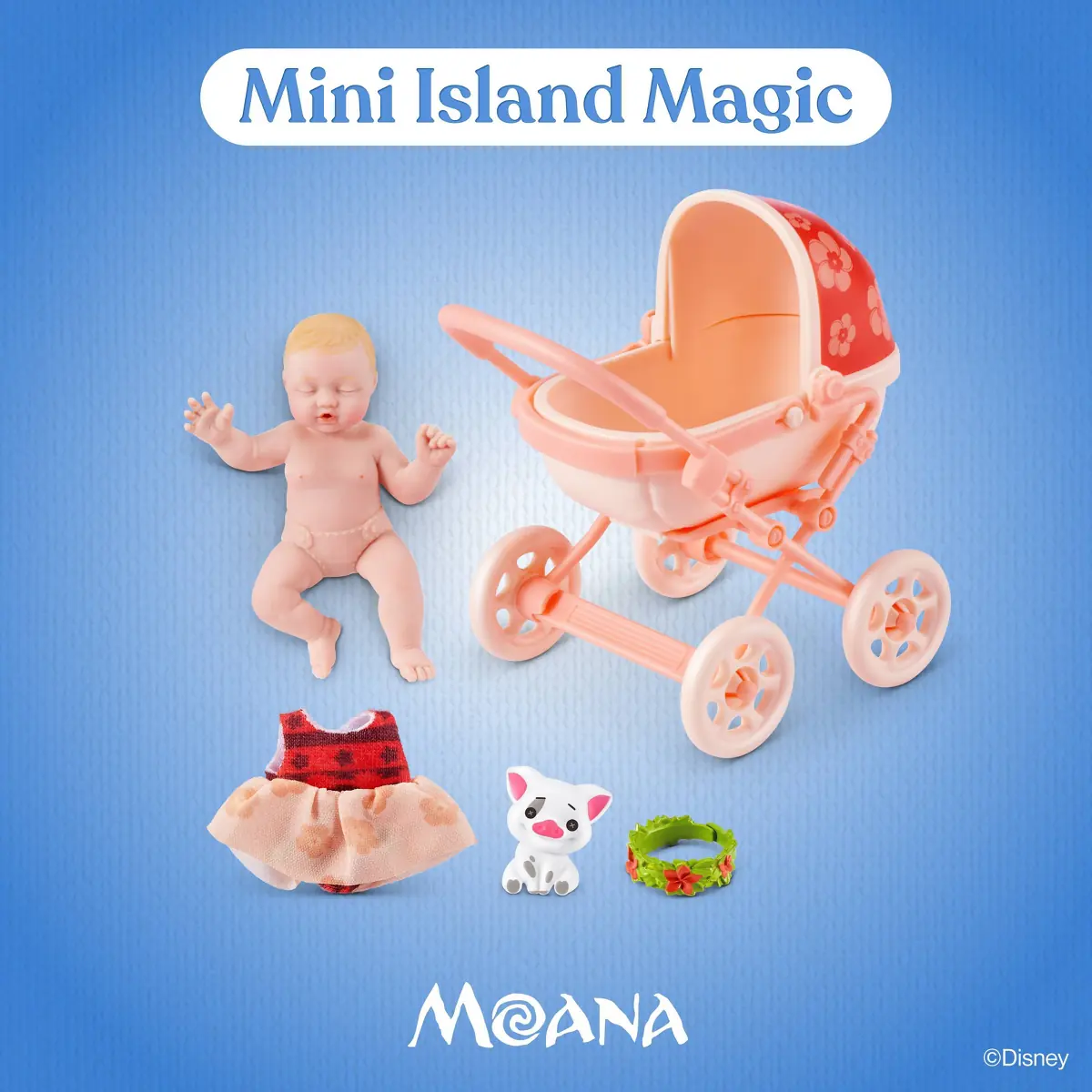 Set Moana Stroller con el carrito coral, el vestido rojo, la corona de flores y Pua