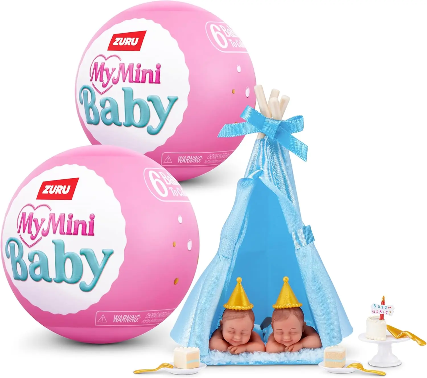 El pack de dos cápsulas rosas de My Mini Baby Happy Birthday junto a la escena del teepee azul con dos bebés