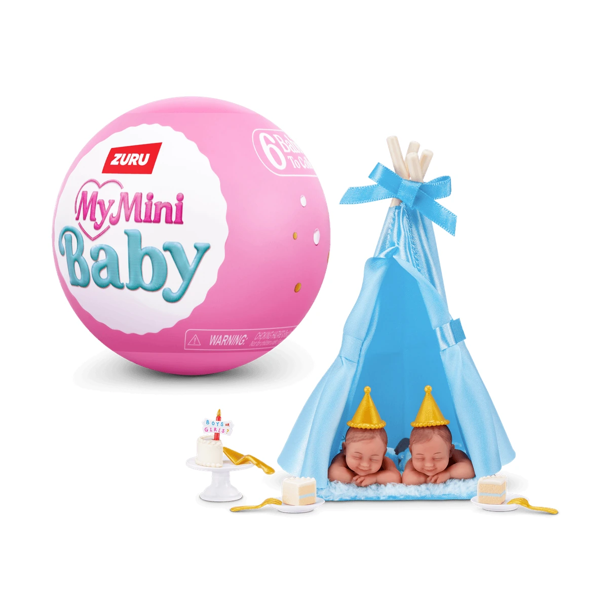 My Mini Baby Happy Birthday Serie 1 de ZURU: la cápsula rosa junto a la escena del teepee azul con los dos bebés gemelos y las porciones de tarta