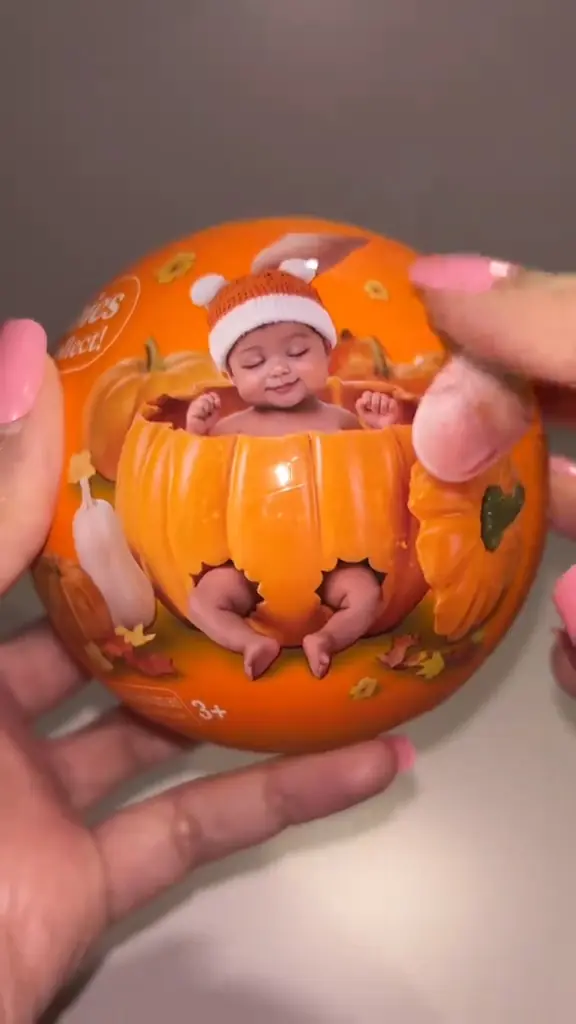 Bebé de Pumpkin Patch dentro de su calabaza sostenido con una mano para ver la escala