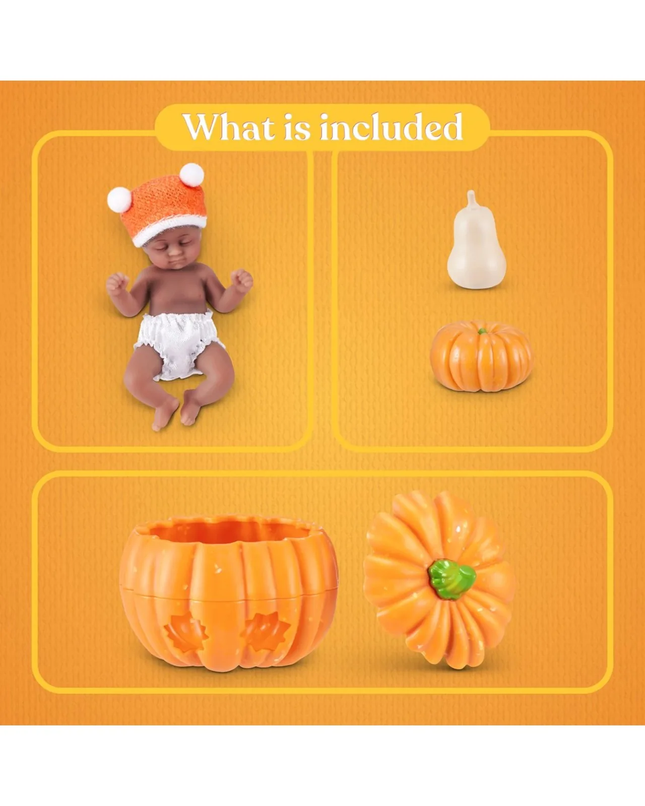 Panel oficial de ZURU con el contenido de una cápsula de Pumpkin Patch: bebé con gorro, calabaza blanca, mini calabaza naranja y el cuenco de calabaza con su tapa
