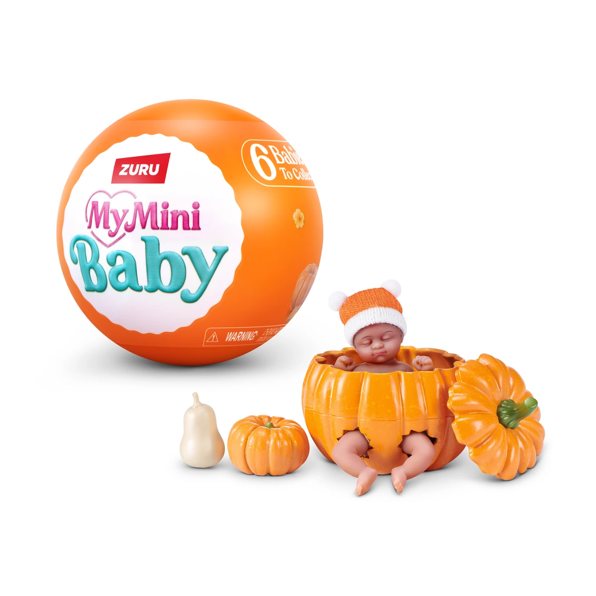 My Mini Baby Pumpkin Patch Serie 1: la cápsula naranja de ZURU junto al bebé Pumpkin Chair dentro de su calabaza ahuecada