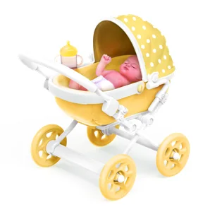 Cochecito amarillo de My Mini Baby Serie 1 de ZURU con su bebé de vinilo