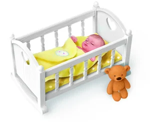 Cuna amarilla de My Mini Baby Serie 1 de ZURU con su bebé de vinilo