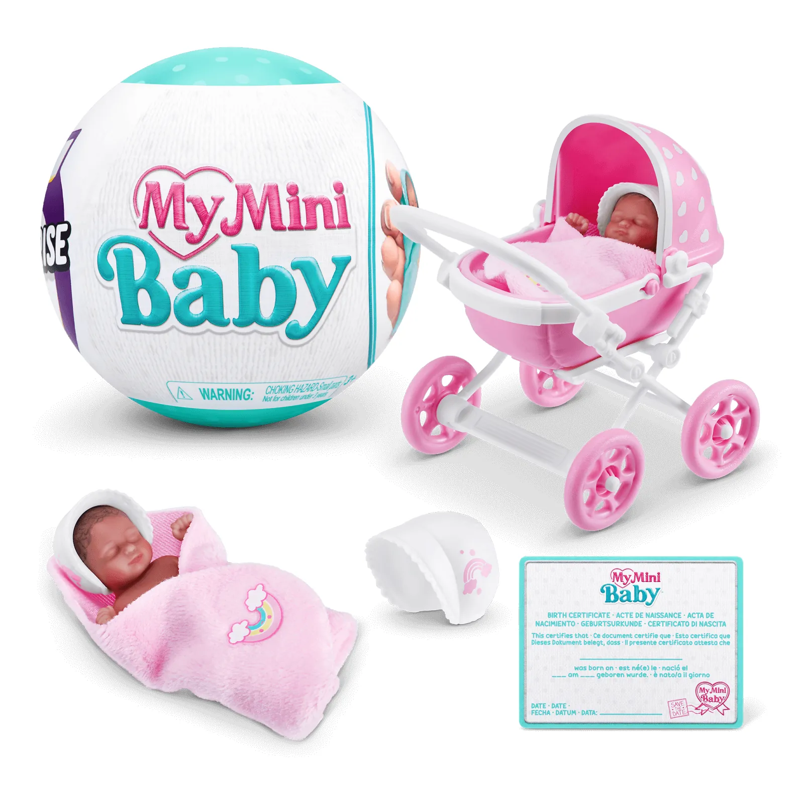 Contenido de una cápsula de My Mini Baby Serie 1: bola turquesa, cochecito rosa, bebé con saquito, gorrito y certificado de nacimiento