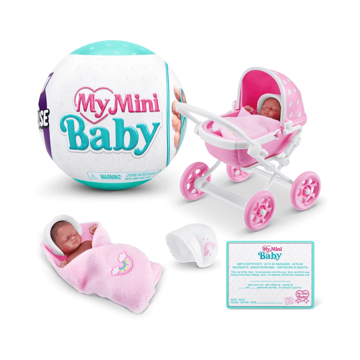 My Mini Baby Serie 1 de ZURU: cápsula, cochecito rosa, bebé con saquito y certificado de nacimiento