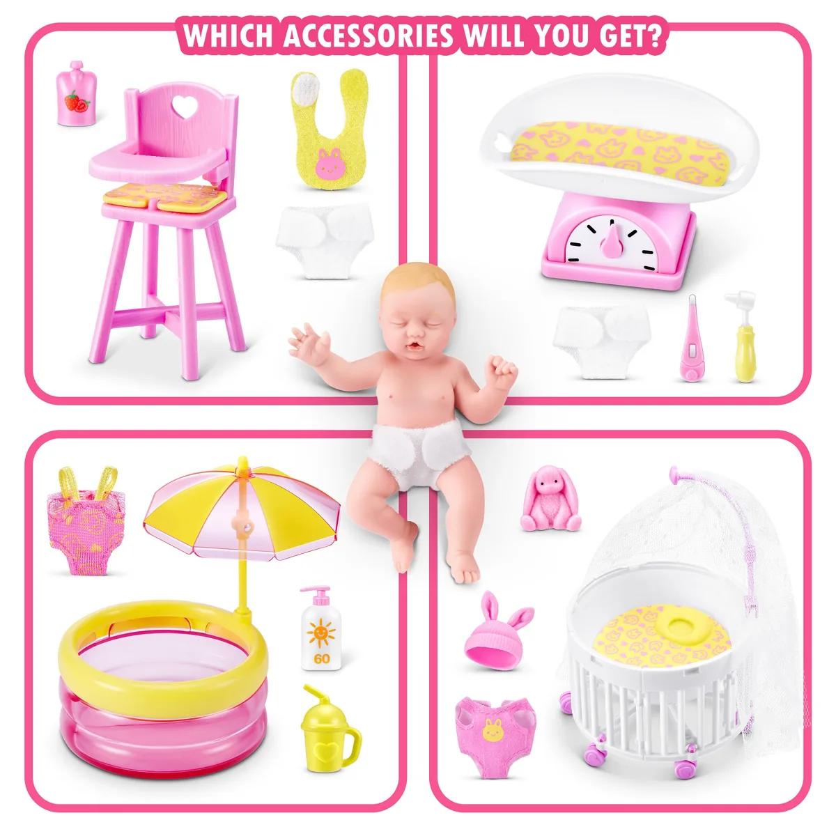 Lámina de ZURU con los accesorios de My Mini Baby Serie 2 repartidos por escena: hamaca, báscula, piscina y cuna
