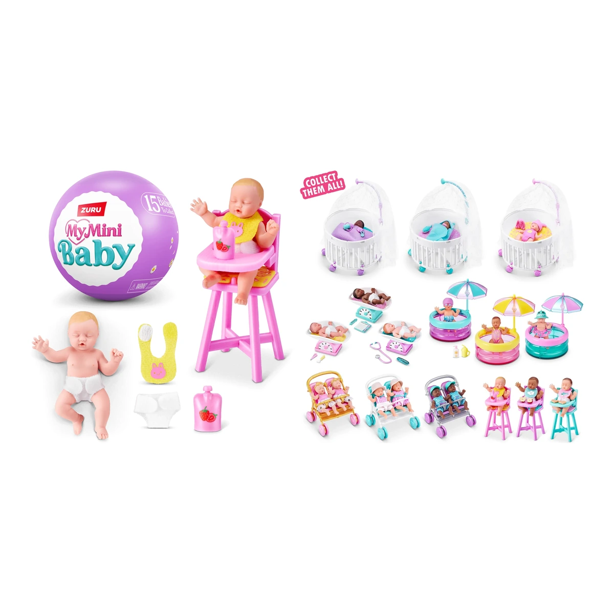 My Mini Baby Serie 2 de ZURU: la bola morada, el bebé con su hamaca rosa y las 15 piezas de la colección
