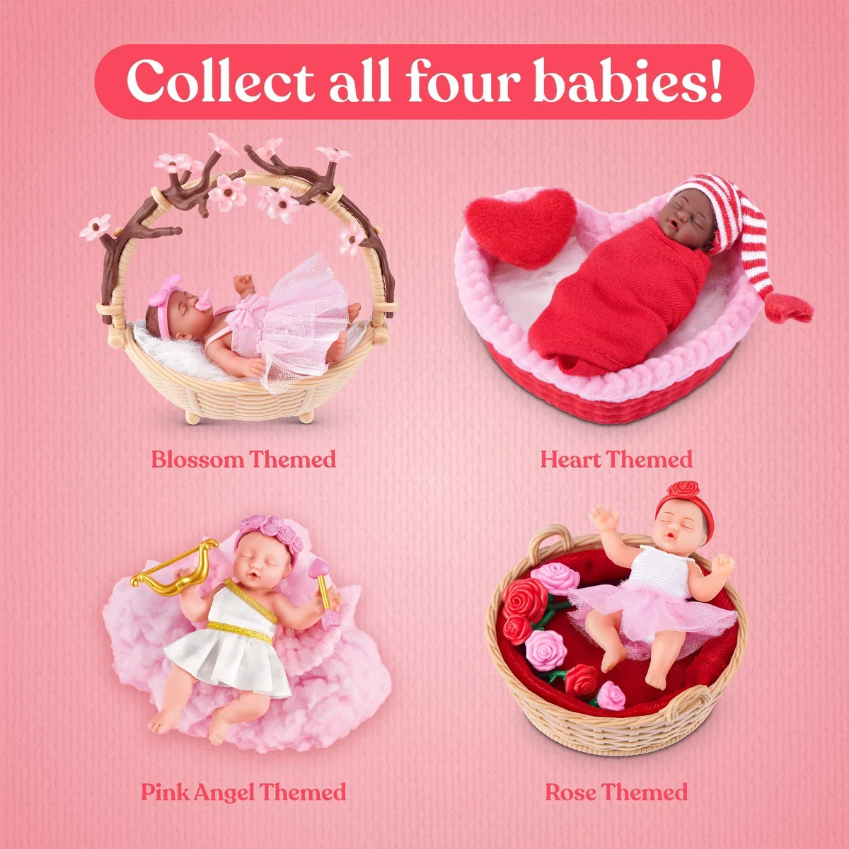 Lámina oficial de My Mini Baby Sweet Hearts con los cuatro bebés: Blossom, Heart, Pink Angel y Rose