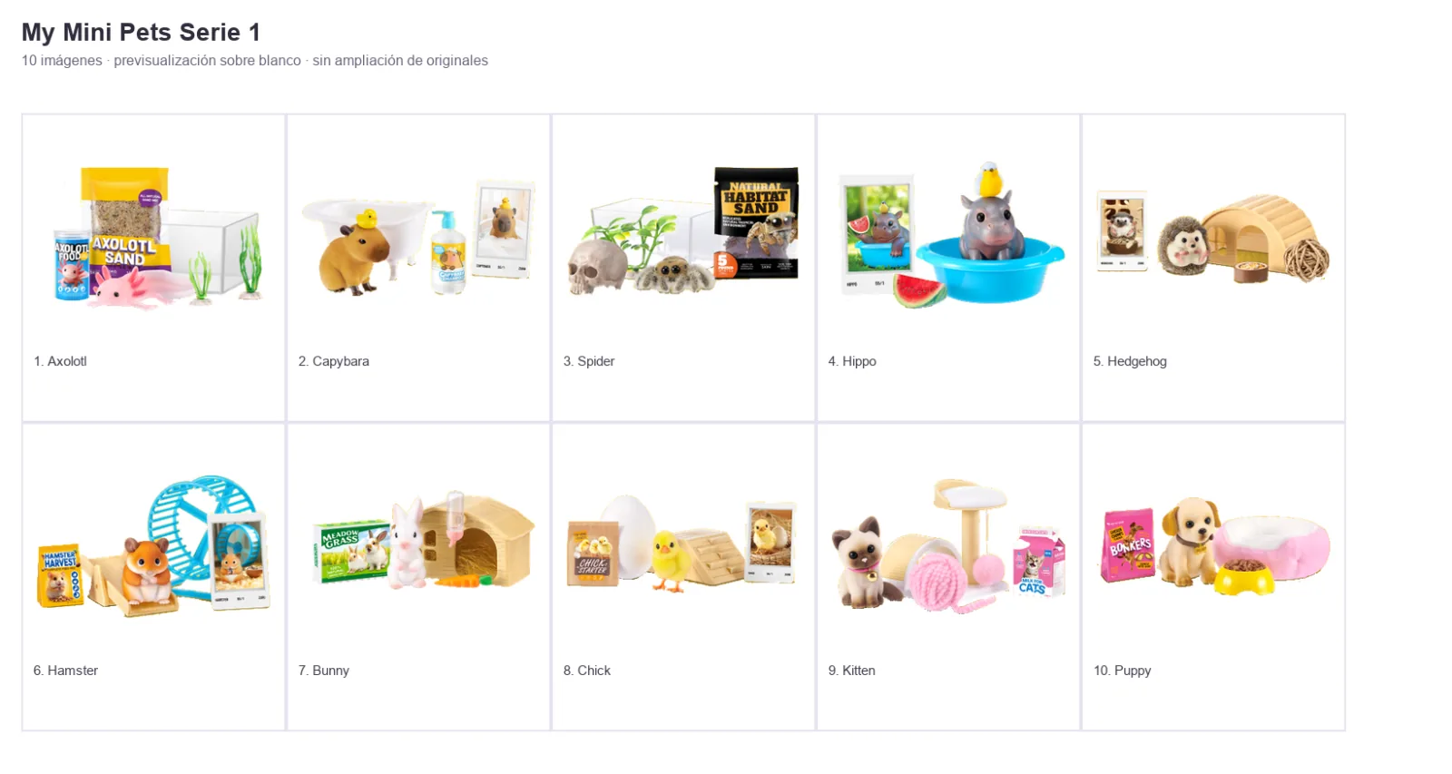 Lámina con las diez mascotas de My Mini Pets Serie 1 numeradas y sus accesorios sobre fondo blanco