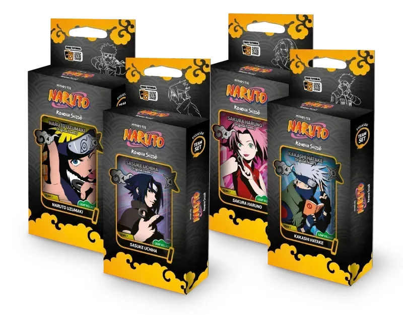 Los cuatro Team Sets de Naruto Mythos TCG Konoha Shidō con Naruto, Sasuke, Sakura y Kakashi