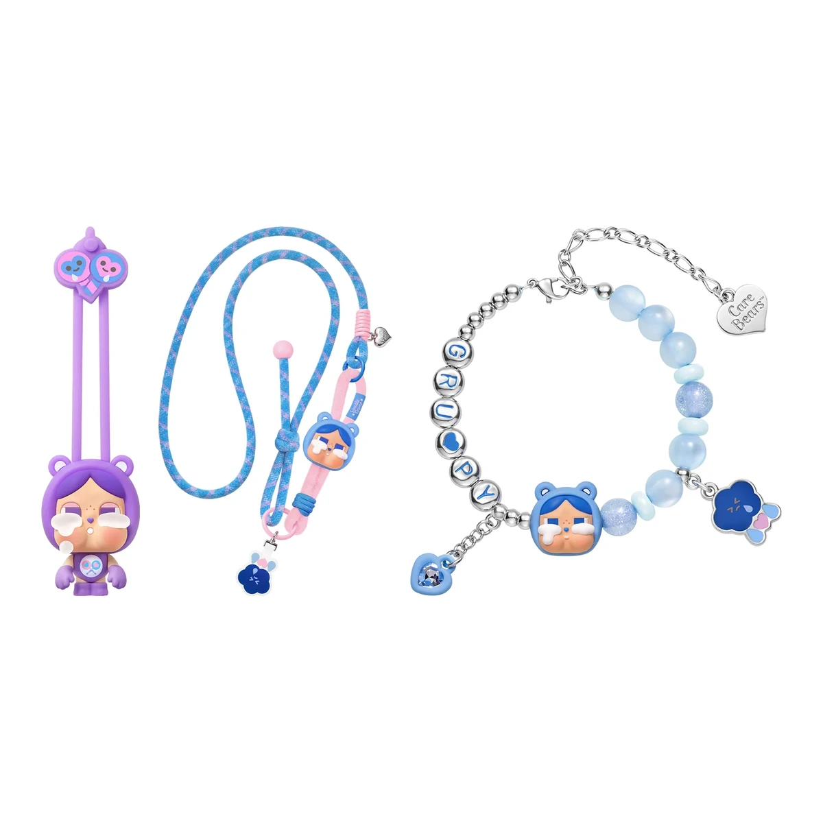 Mini luz, lanyard y pulsera de la serie CRYBABY x Care Bears de POP MART sobre fondo blanco