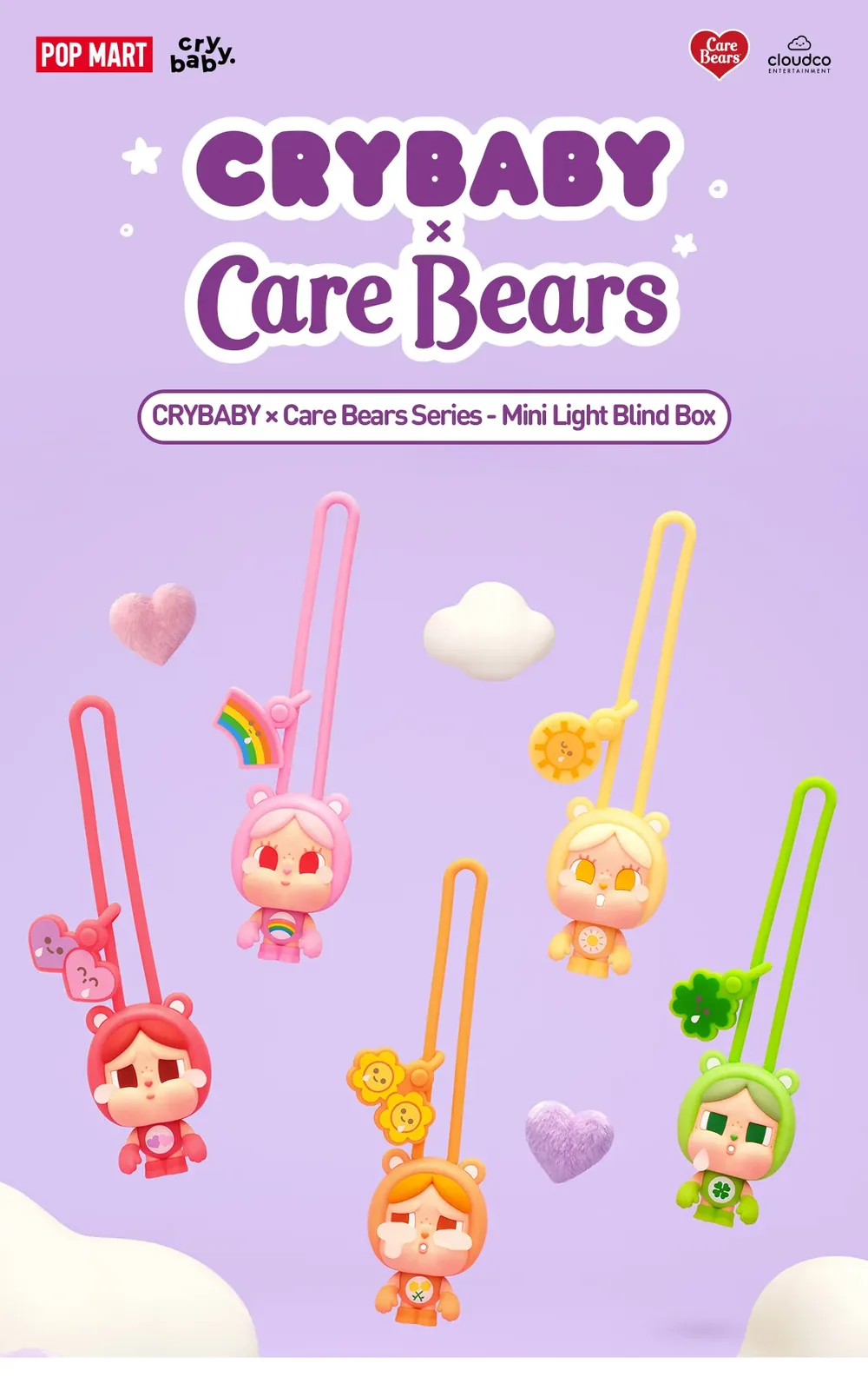 Los seis personajes regulares de la mini luz CRYBABY x Care Bears de POP MART sobre fondo lila