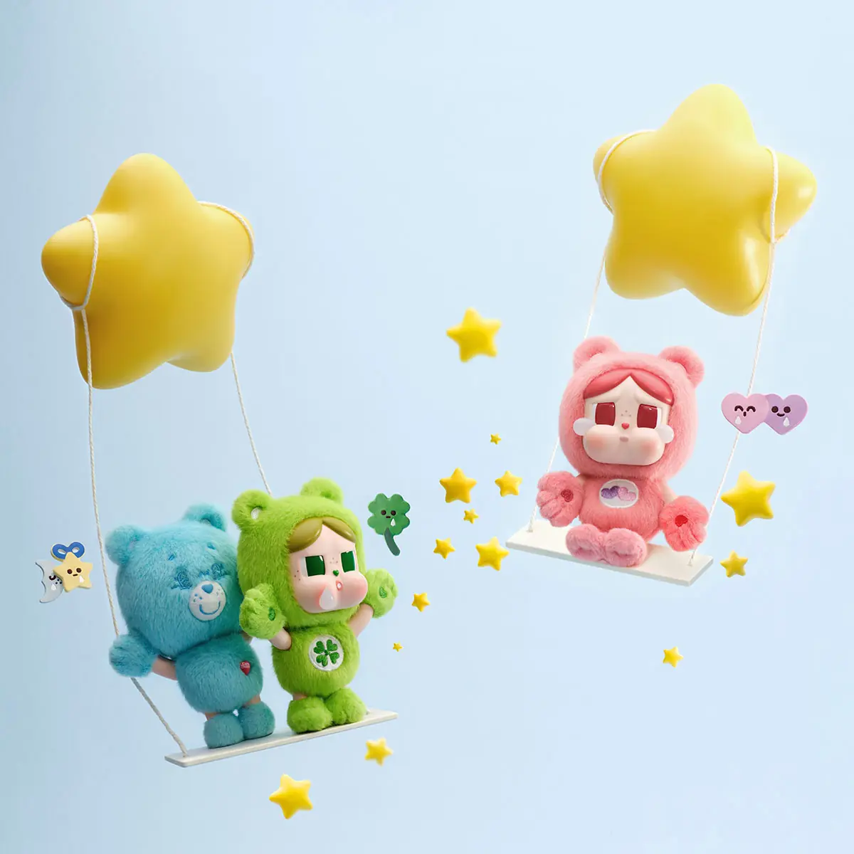 Always There Bear, Good Luck Bear y Wish Bear de CRYBABY x Care Bears en columpios