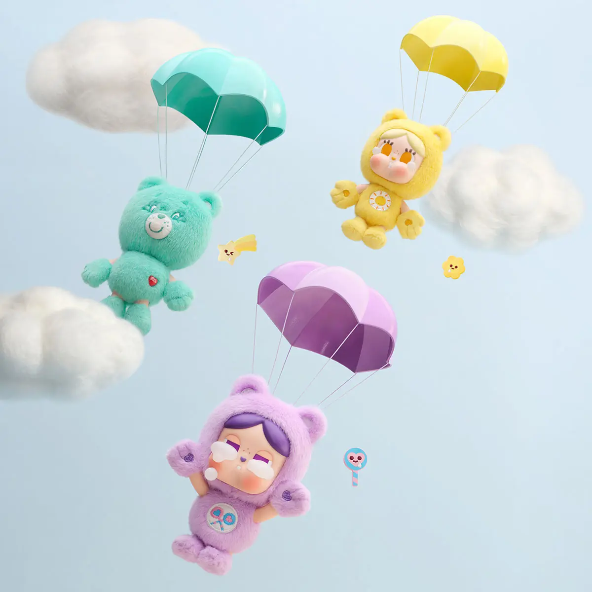 Wish Bear, Funshine Bear y Share Bear de CRYBABY x Care Bears colgando de paracaídas