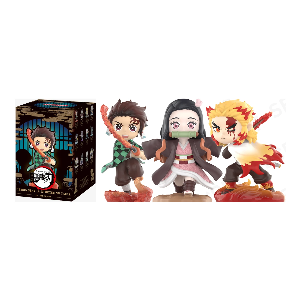 Caja ciega de POP MART Demon Slayer Battle Series junto a las figuras de Tanjiro, Nezuko y la secreta de Rengoku