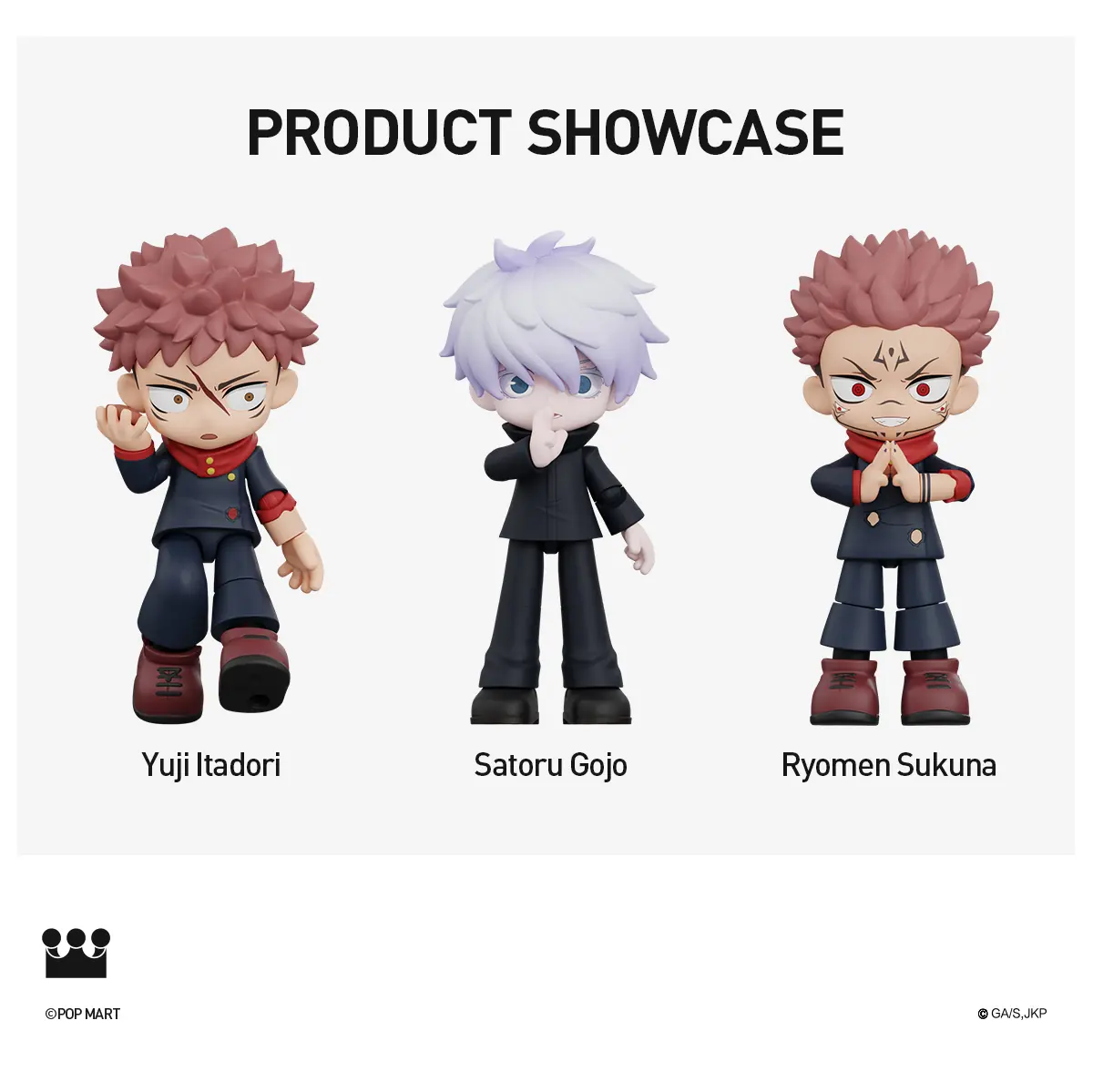 Comparación oficial de las tres figuras de Yuji, Gojo y Sukuna